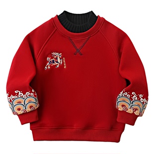 男童加绒卫衣秋冬2025新款拜年服儿童本命年红色衣服中大童上衣潮