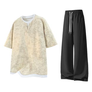 NASA WASSUP假两件短袖t恤男款夏季美式复古休闲扎染体恤衫两件套