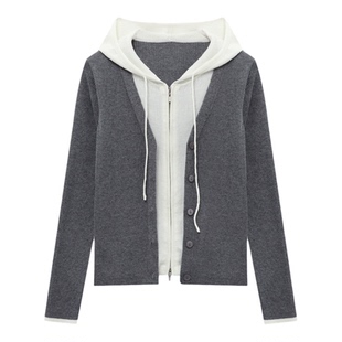 百家好撞色连帽假两件绵羊毛针织开衫女春季新款气质简约毛衣外套