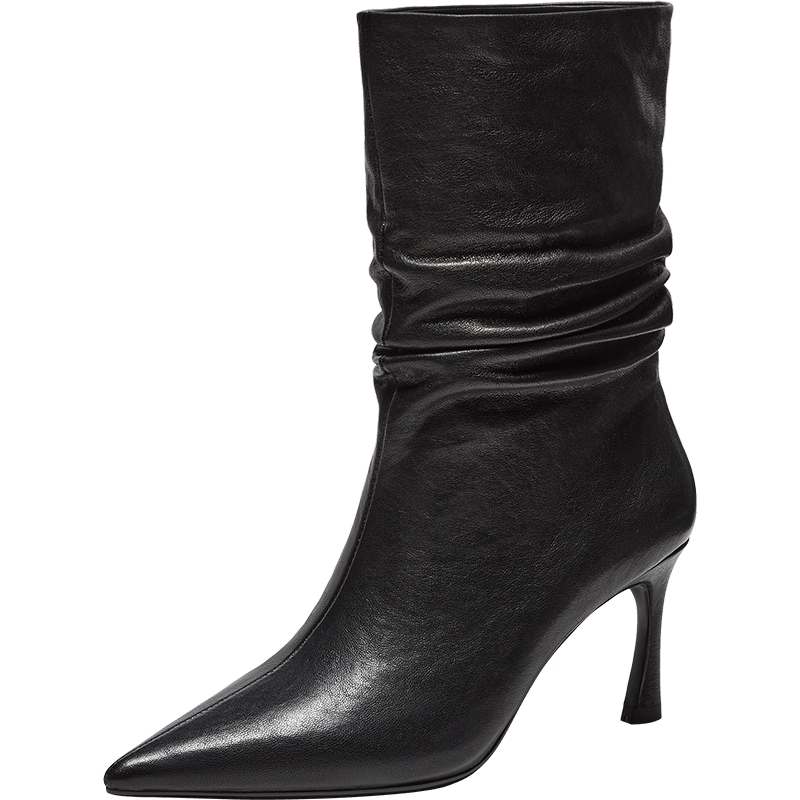 真美诗巴黎之冬2025年冬季新款羊皮细高跟堆堆时装靴西部靴短靴女