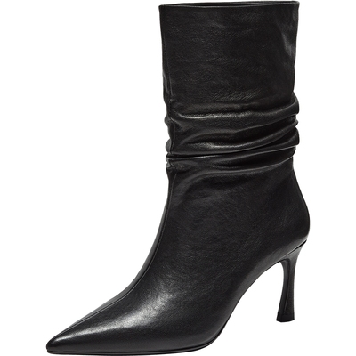 真美诗羊皮细高跟堆堆靴短靴