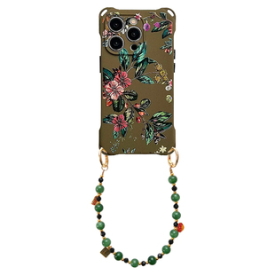 四角开孔可斜挎复古风油画花手机壳带挂绳适用华为苹果16PRO小米15ULTRA全包防摔findX8软硅胶mate60pro外壳