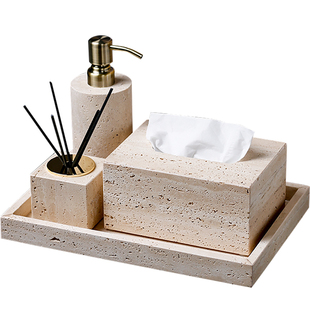 天然大理石洞石托盘卫浴洗漱套装 香薰摆件洗手液瓶纸巾盒 中古风