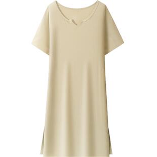 夏季薄款小V领睡裙女中长款短袖打底裙显瘦可外穿家居连衣裙睡衣