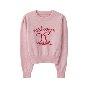 [张元英同款]ROLAROLA羊毛粉色蝴蝶结针织衫甜美学院字母毛衣上衣