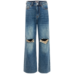 TrueReligion2024秋季新品女士宽松破洞牛仔裤子