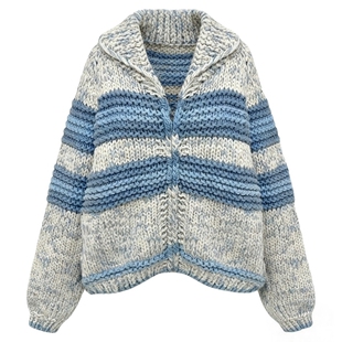 秒发！baby酱同款韩国北海道低饱和粗线翻领拉链针织毛衣开衫外套