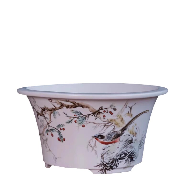 紫砂花盆圆形水墨烤画中国风