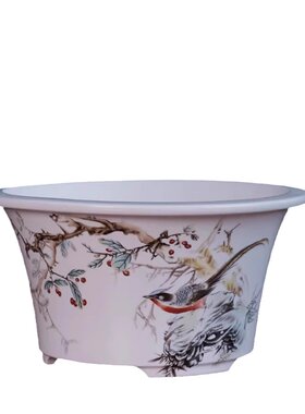 紫砂花盆圆形水墨烤画中国风