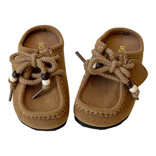 反绒皮勃肯鞋女童包头半拖鞋系带珠饰厚底增高一脚蹬儿童懒人鞋