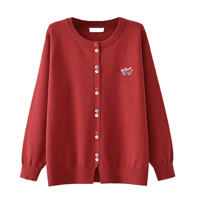 大码彩色扣子圆领刺绣针织开衫