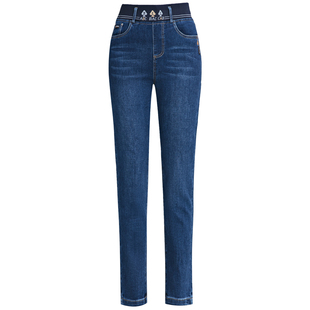 松紧腰牛仔裤女春秋2025新款高腰中年妈妈秋冬加绒女士弹力直筒裤