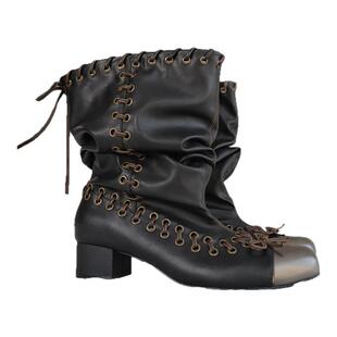 黑色疯狂绑带推推靴女厚底粗跟增高短靴帅气大筒围短筒靴子机车靴