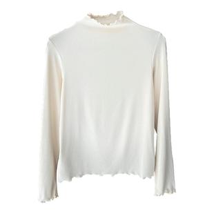 内搭打底衫女秋冬半高领2025年新款紫色高级感木耳边修身粉色上衣