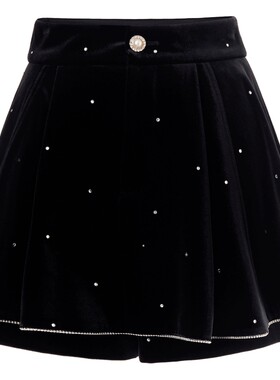 【奥莱】MAXRIENY秋季高腰短裤女黑色丝绒烫钻裤裙