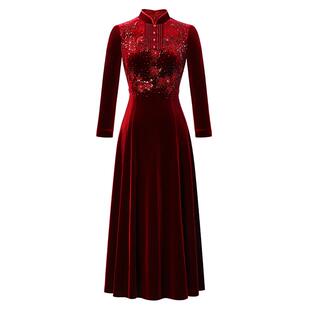 名兰世家(红馥)参加结婚宴婚礼年轻妈妈礼服旗袍丝绒连衣裙喜服
