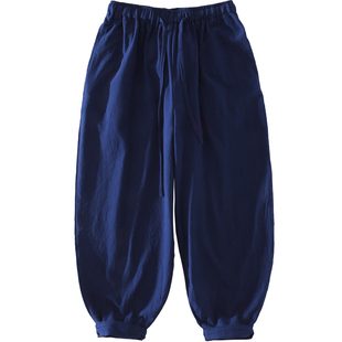 极麻复古国潮直筒束脚棉麻灯笼裤男松紧腰抽绳休闲宽松亚麻九分裤