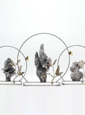 现代新中式禅意铁艺太湖石摆件酒店样板房博古架客厅玄关软装饰品