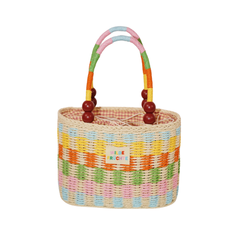 野菓Wilde Früchte.夏日“彩色格子”手工编织手提篮子包度假包