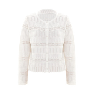 IAmMIX27圆领针织开衫女新款百搭绵羊毛混纺桑蚕丝镂空钩花上衣女