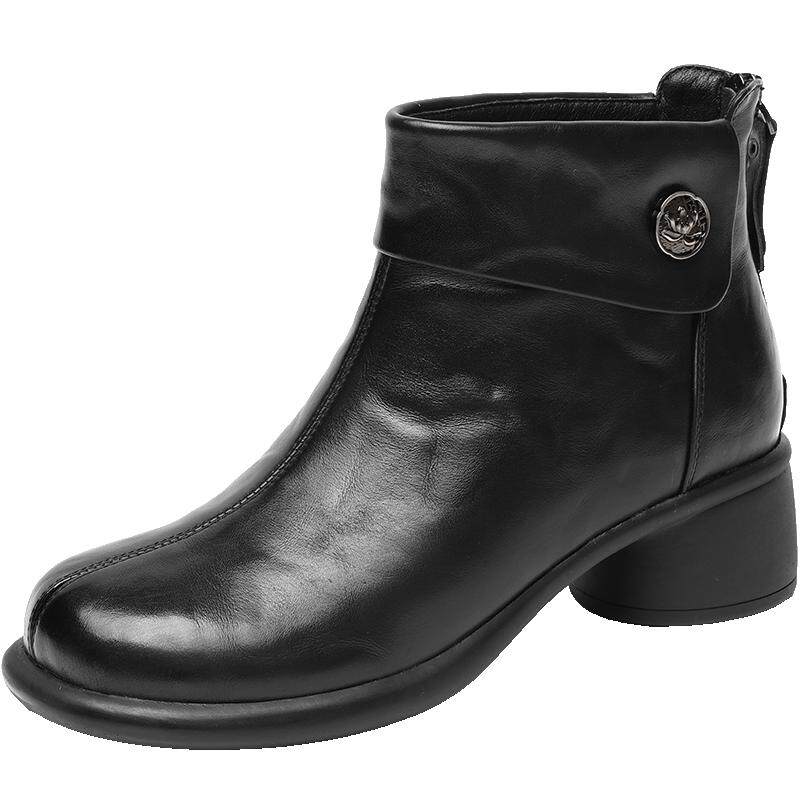 真皮妈妈短靴女士粗跟时装靴子软底舒适加绒皮鞋棉鞋2025冬季新款