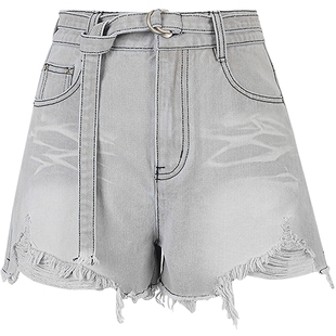 KBNE辣妹短裤女灰色水洗牛仔裤2025夏季新款破洞层次感设计裤子