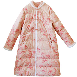 现货【春风桃红】国风中式立领羽绒服女士冬季水貂毛印花加厚外套