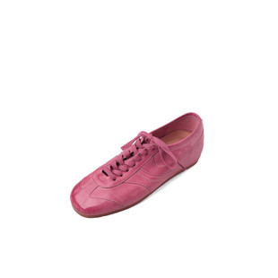 水洗马皮厚底系带小皮鞋复古德训鞋女平底粉色休闲鞋真皮方头单鞋