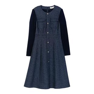 诗梦女装藏青色小香风绵羊毛针织连衣裙收腰显瘦气质圆领华丽高贵