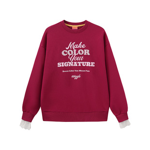 wigglewiggle春季内搭假两件字母花边宽松袖圆领卫衣女款上衣