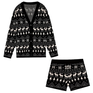 落落狷介一整套入秋穿搭毛衣套装裤女V领长袖上衣+针织短裤两件套