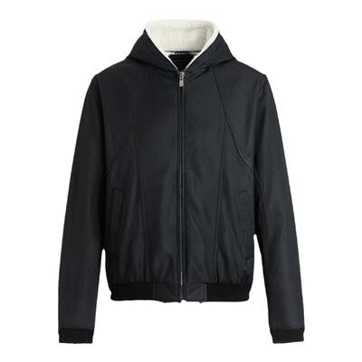 VMCL美式羊羔绒弧形连帽PU皮夹克