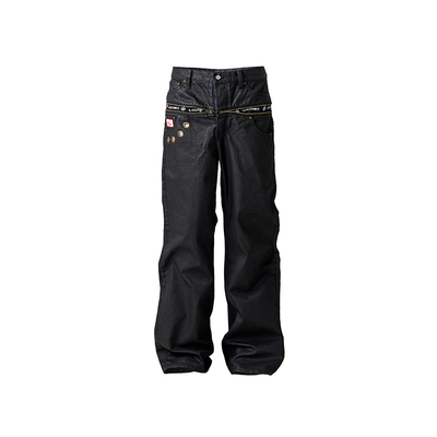 GLACIERBOY ZIPPER RAW DENIM 黑色刷蜡双腰头拉链直筒牛仔裤