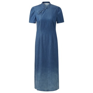 歌莉娅新中式牛仔连衣裙女夏时尚气质国风改良旗袍1C5R4J5DA