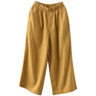 园园美衣 复古9×9细腻敦厚亚麻阔腿裤松紧腰立体剪裁显瘦直筒裤