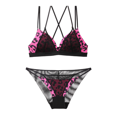 法式纯欲豹纹小胸薄款文胸套装女