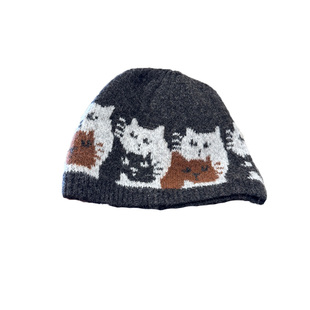 韩版复古提花猫咪针织套头帽女秋冬出街显脸小护耳毛线帽潮冷帽男