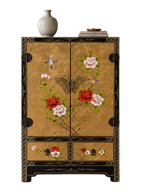 宋式金箔花鸟漆画实木玄关柜