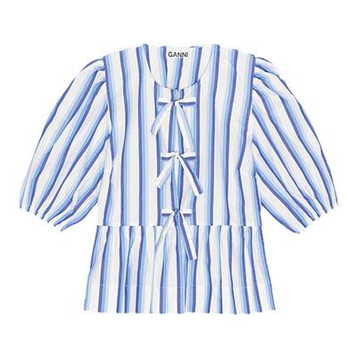 【甄选折扣】GANNI女装 银湖蓝条纹时尚系带泡泡袖上衣 F9184695