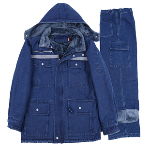 加绒工作服套装男加厚棉袄棉裤电焊牛仔劳保服电焊工耐磨耐烫冬季