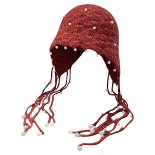 氛围感手工钩织流苏针织帽女秋冬季保暖百搭护耳帽显脸小包头帽子