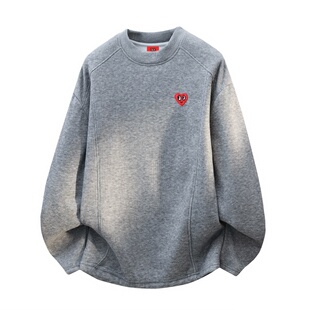 查尔斯桃心2026新款圆领加绒卫衣男秋冬季爱心刺绣解构情侣上衣