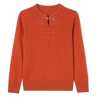 新中式100%纯羊绒衫加肥加大码国风毛衣女中年妈妈洋气高贵针织衫