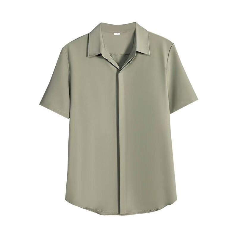 港风夏季冰丝衬衫男潮流宽松高级垂感休闲五分袖纯色时尚百搭衬衣