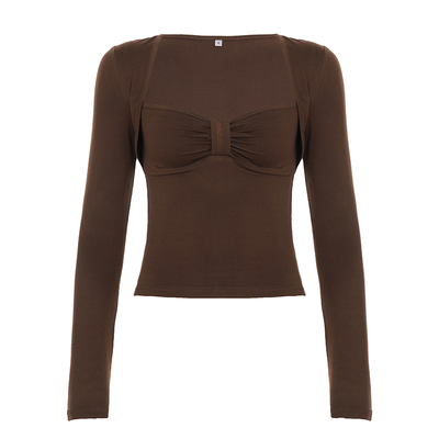 WEEKEEP 辣妹纯色蝴蝶结褶皱方领长袖T恤女百搭基础修身显瘦上衣