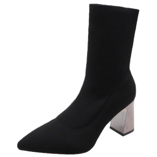 鞋子女2025春秋季单靴百搭短靴尖头粗跟高跟马丁靴针织弹力袜子靴