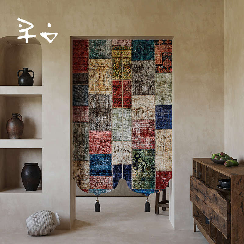 寻由民族复古拼接卧室客厅门帘厨房卫生间免打孔遮挡隔断遮光帘子