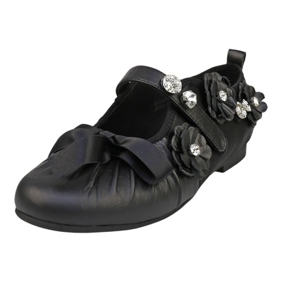 可媚牛皮真丝布花朵钻饰玛丽珍鞋