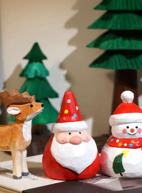 圣诞节手工木雕小摆件松树雪人雕刻氛围节日老人感实木装饰品麋鹿