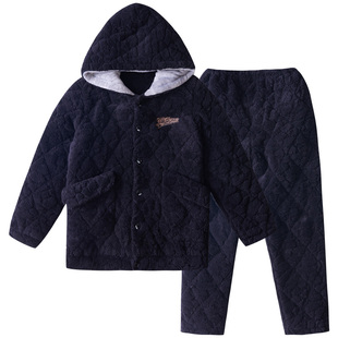 圆人睡衣男冬加厚加绒珊瑚绒夹棉秋冬款2025高级感帽子家居服套装